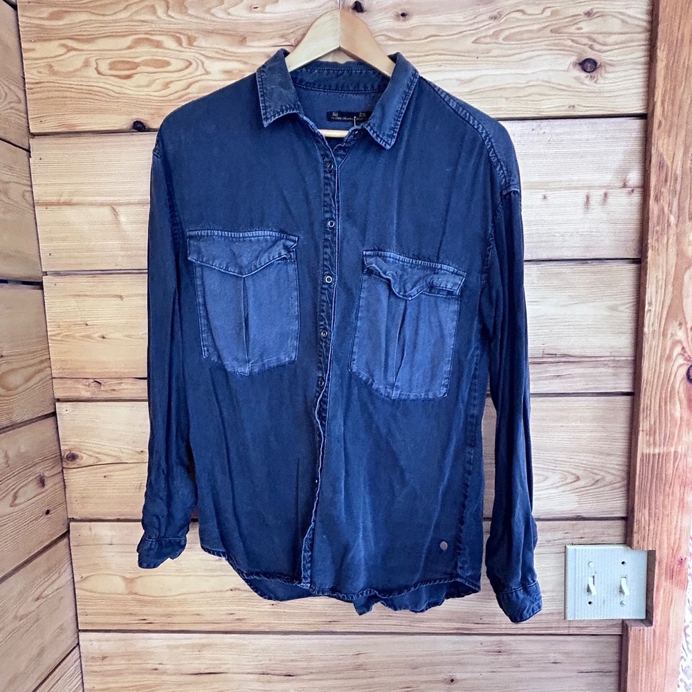 Pull&Bear Womens Dark Wash Blue Long Sleeve Button Down Utility Shirt Size 26